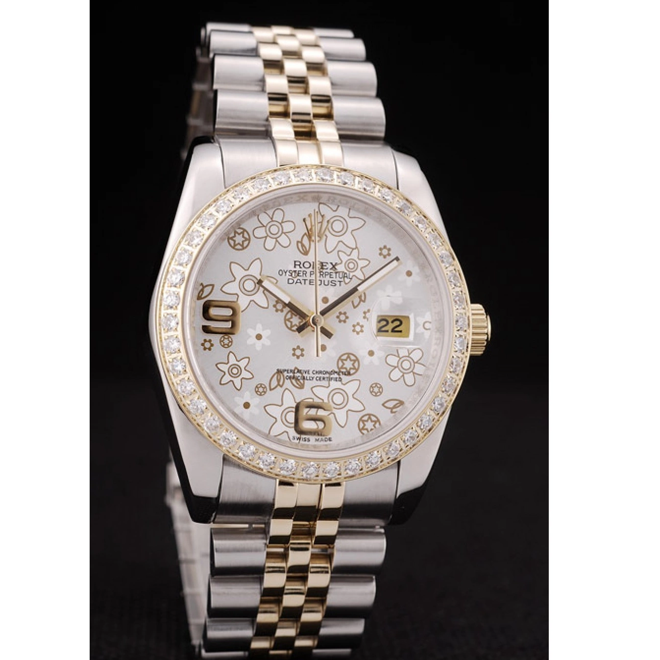 MiroTime 0718 Rolex DateJust Brushed Stainless Steel Case Silver Flowers Dial Diamonds Plated